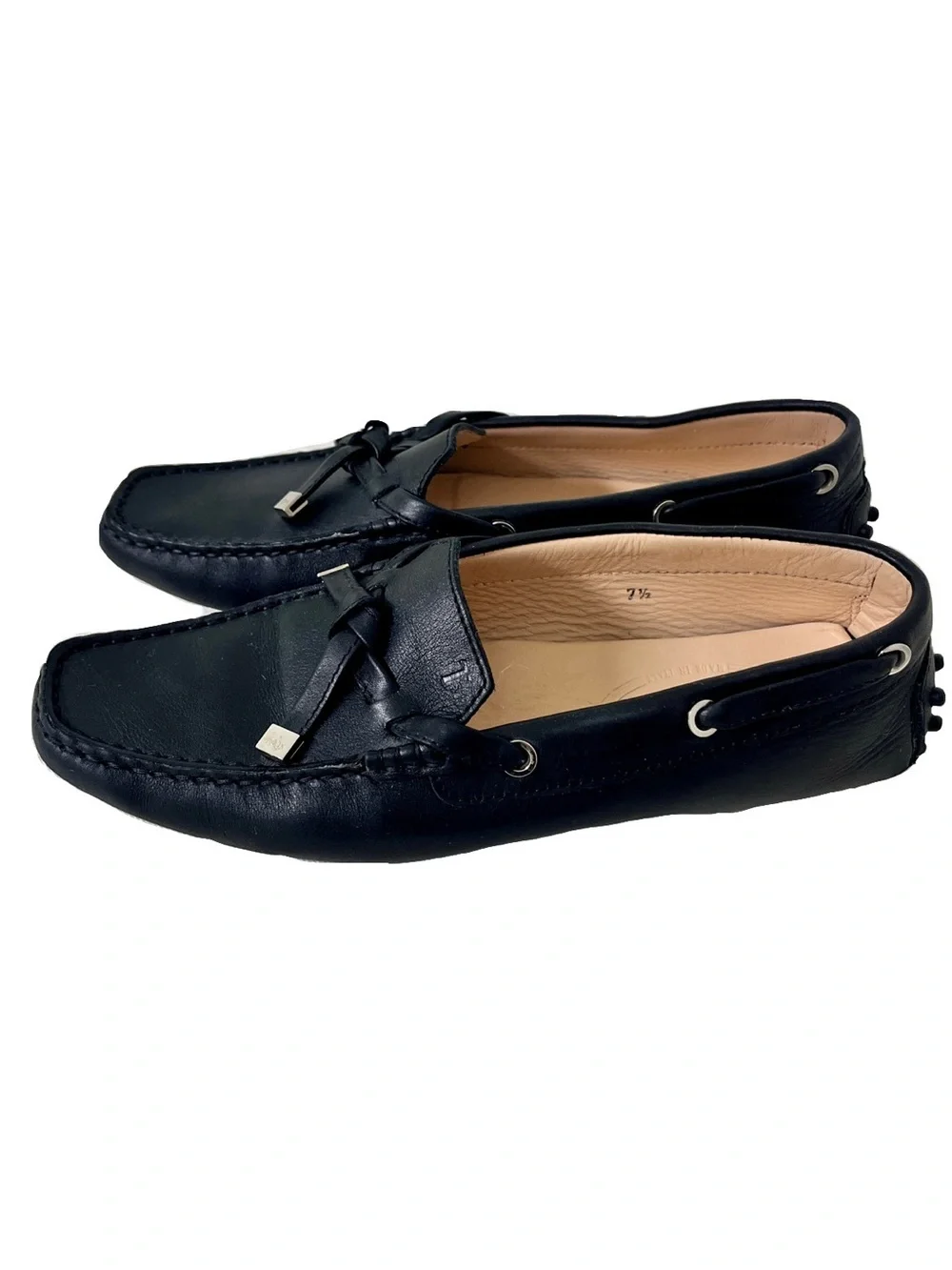 Tod’s Black Leather ‘Gommino’ Flat Bow Driving Flats, Size 7.5